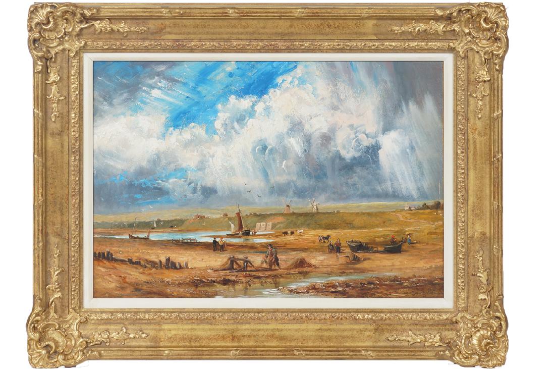 SCHOOL OF JOHN CONSTABLE (ENGLISH, 1776-1837): SCHOOL OF JOHN CONSTABLE (ENGLISH, 1776-1837) A fisherman mending his nets Oil on canvas Signed Dimensions: 38 x 56 cm.