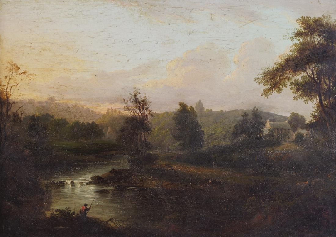 REV. JOHN THOMSON OF DUDDINGSTON, FRSE (SCOTTISH,: REV. JOHN THOMSON OF DUDDINGSTON, FRSE (SCOTTISH, 1778-1840) A fisherman at Lugar Water, Cumnock (or Afton Water, New Cumnock), East Ayrshire, Scotland. The Manse, with smoking chimney, in the backgro