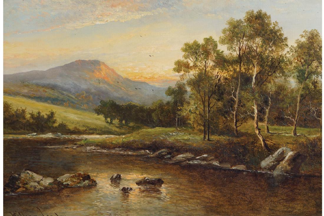 WILLIAM LANGLEY (1852-1922): WILLIAM LANGLEY (1852-1922) River landscape at sunset Oil on canvas Provenance: Blackwater Castle Dimensions:38 x 59 cm.