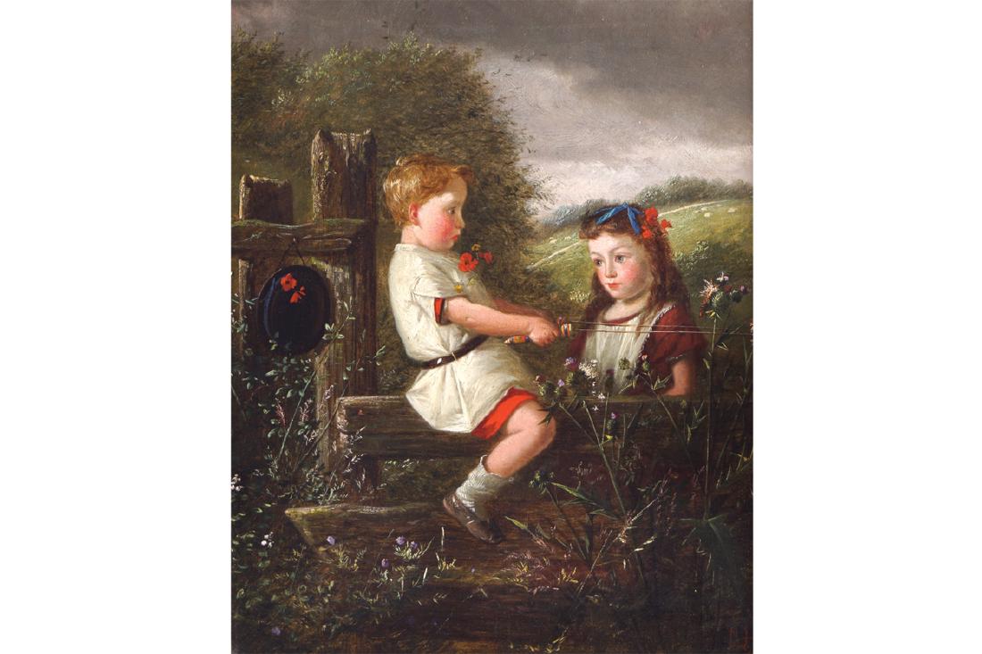 CHARLES HUNT: CHARLES HUNT Two children playing near a meadow Oil on canvas Signed and dated '73 Dimensions:33 x 28 cm.