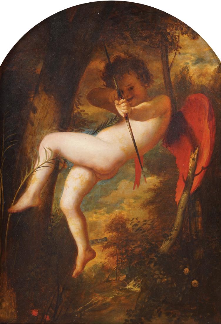 FOLLOWER OF BENJAMIN WEST, PRA (ENGLISH, 1738-1820): Cupid with his bow in a landscape setting Oil on canvas Enclosed in contemporary gilt frame, probably the original Dimensions: 28¾ x 20 inches (73 x 51 cm.)