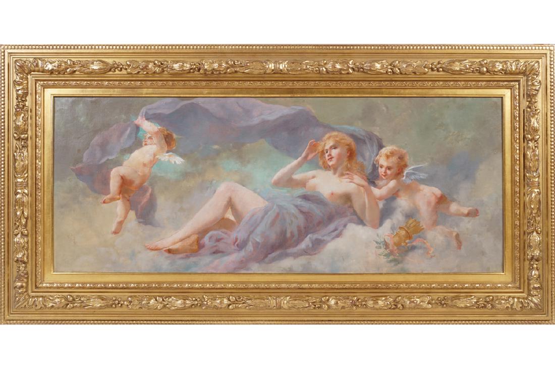 ATTRIBUTED TO CHARLES AUGUSTUS HENRY LUTYENS (ENGLISH,: Cherubs and a woman in the clouds Oil on board Enclosed in a gilt frame Dimensions: 47 x 119 cm.
