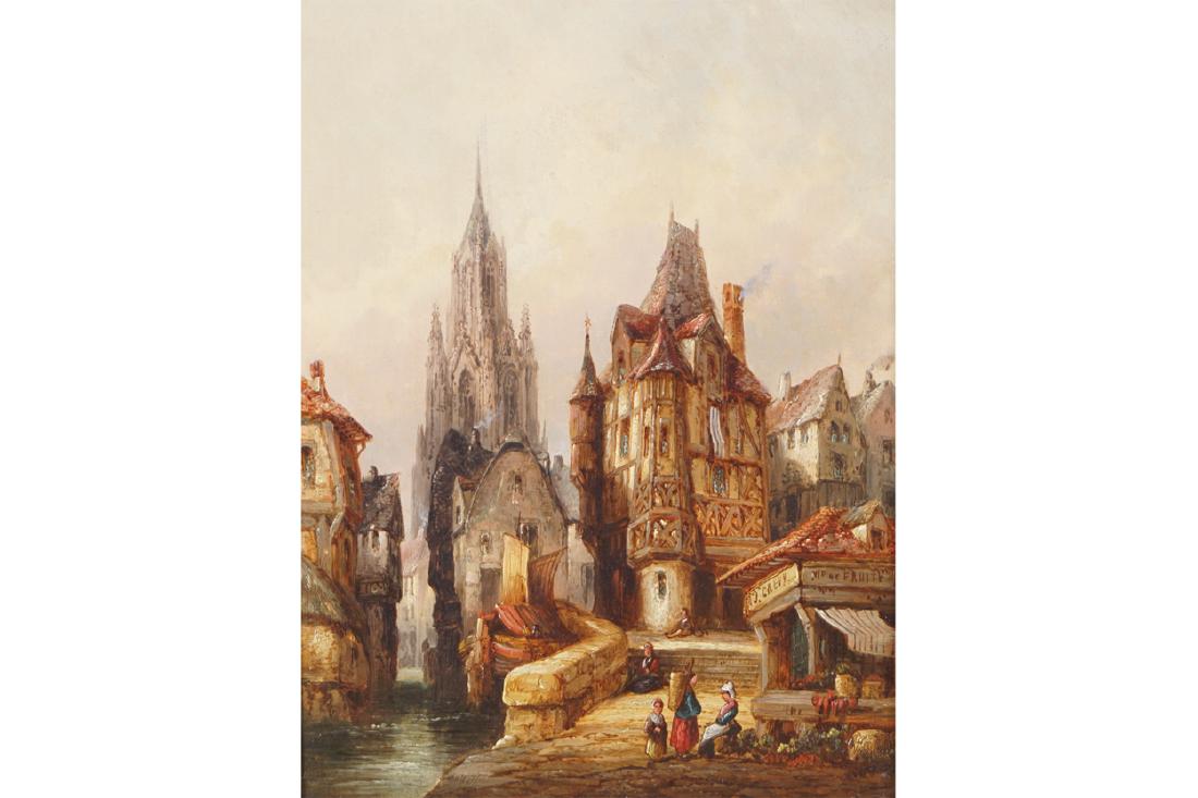 HENRY THOMAS SCHAFER, RBA (ENGLISH, 1854-1915): Antwerp street scene Oil on canvas Enclosed in a gilt frame Dimensions: 31 x 23 cm.