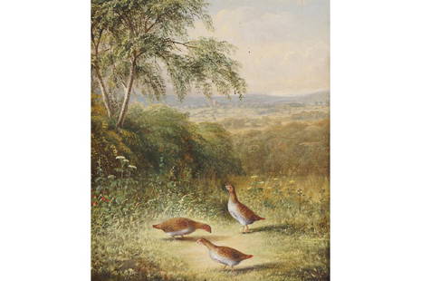 TOM HOLD: Grouse in a landscape Oil on canvas Dimensions: 29cm. x24cm