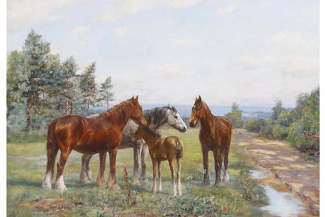 WRIGHT BARKER, RBA (1864-1941): Horses in a field Oil on canvas Enclosed in a gilt frame Dimensions: 69 x 102 cm.