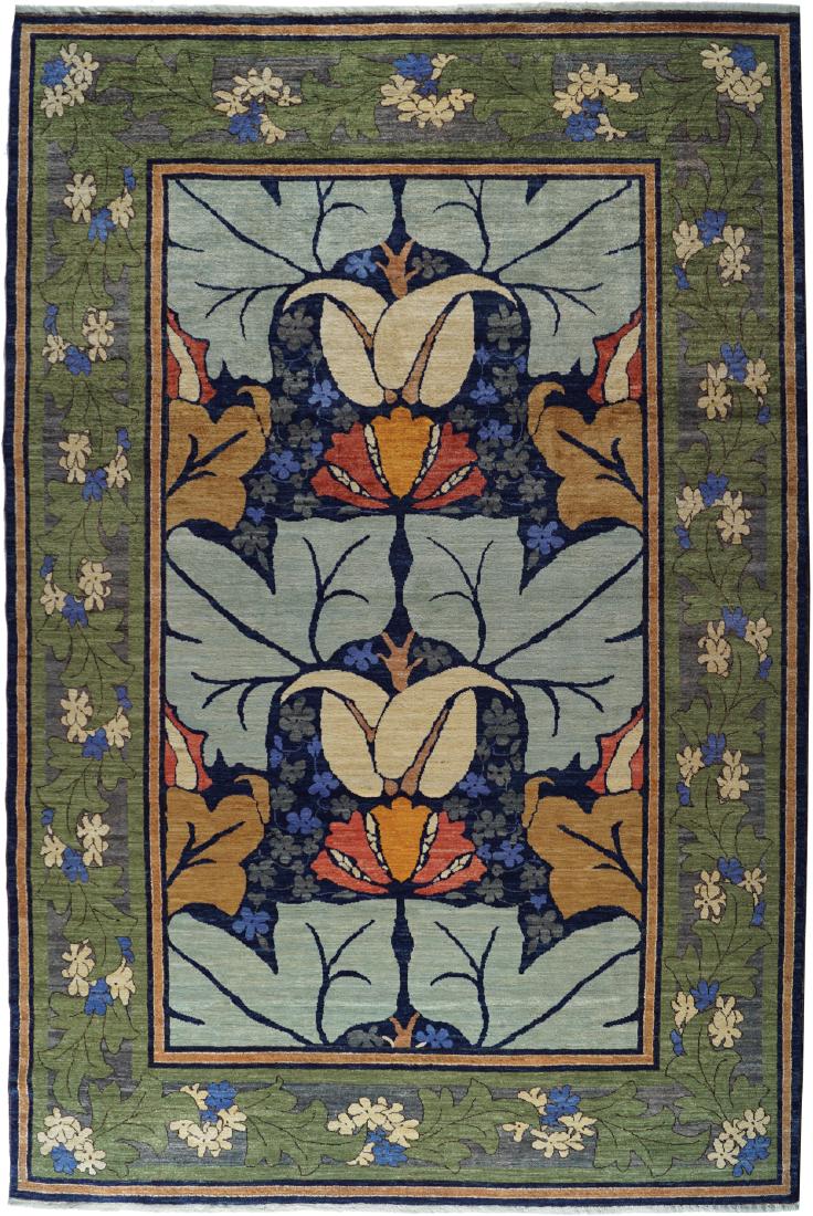 DONEGAL DESIGN CARPET, AFTER GAVIN MORTON AND G. K.: on ivory, gold, orange, and blue field, with large flower head border and outer blue guard Measurements: 222 x 332 cm. (7.25 x 11 ft.) (approx.)
