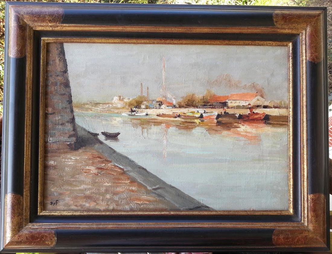 MARCEL DYF (1899-1985): Boats in the canal, Arles (Southern France)Oil on canvas Signed registered under number 4954 in DYF archive, Provenance : French private collection Dimensions: 38 x 55 cm.
