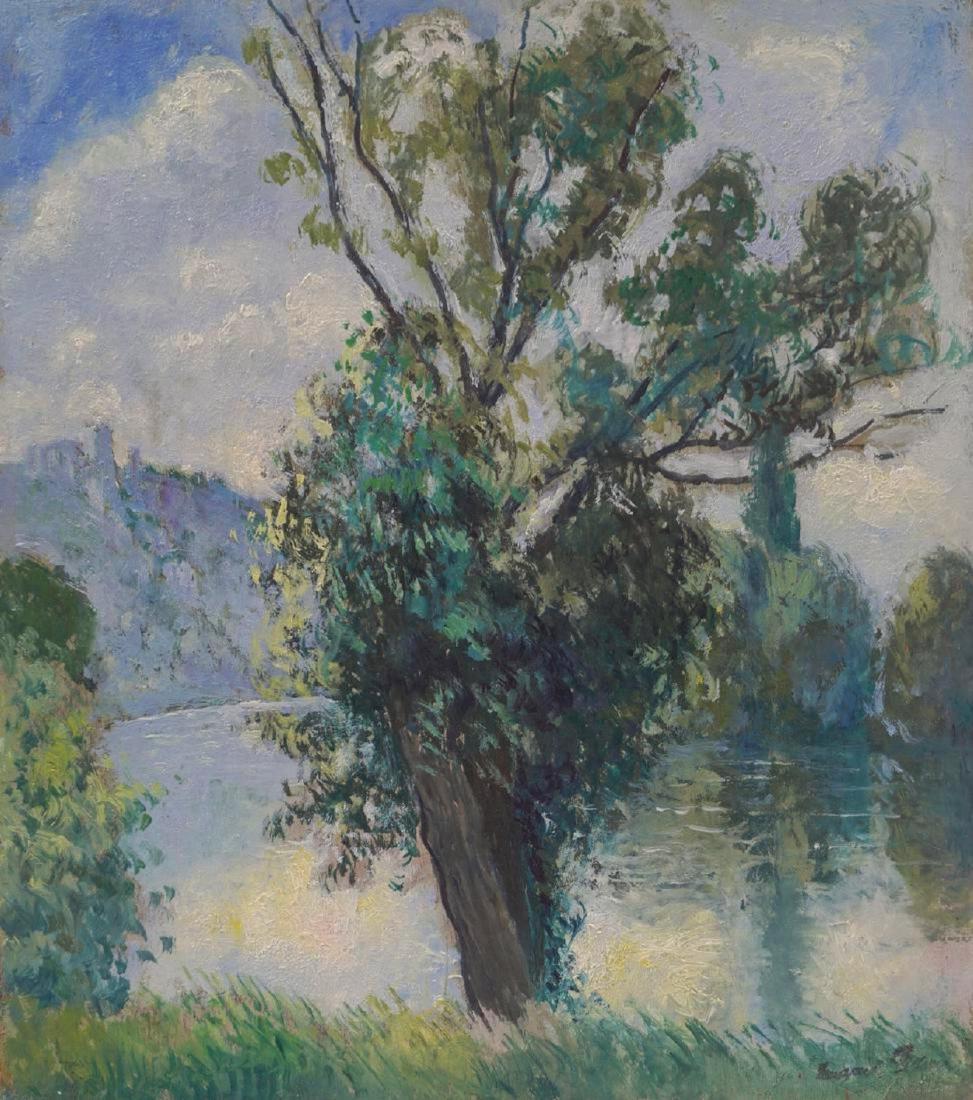 GEORGES MANZANA PISSARRO (1871-1961): River Seine in Andelys, near Paris, with Castle Chateau Gaillard in the background Oil on panel Atelier stamp lower right Provenance: Galerie Tuffier, old labels on reverse,Provenance, French private