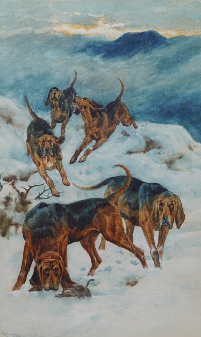ARTHUR WARDLE, 1860-1949: Hunting hounds in a snow sceneWatercolour