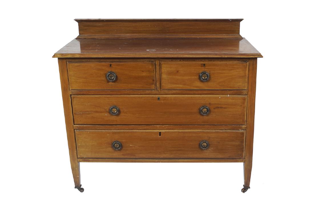 EDWARDIAN MAHOGANY CHEST: of two short and two long drawers, raised on square tapered legs 93 cm. high; 108 cm. wide; 50 cm. deep