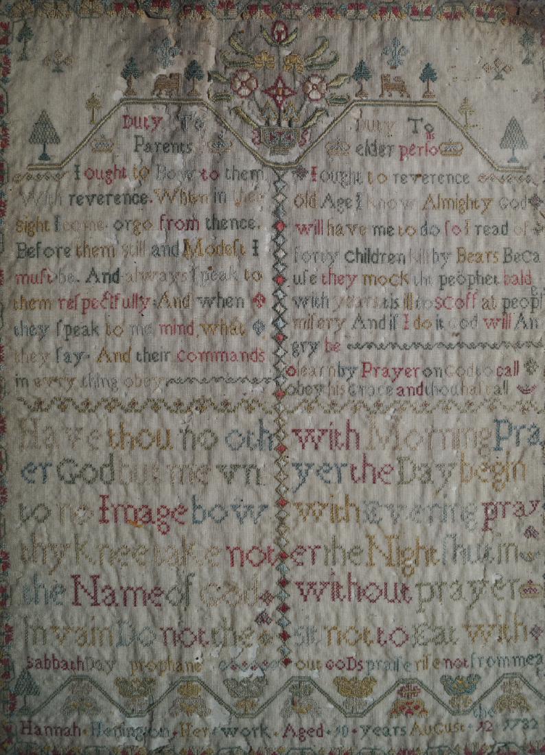EIGHTEENTH-CENTURY SAMPLER: Signed Hannah Hemingron, aged 10 August 1732 Dimensions: 40 x 29 cm.