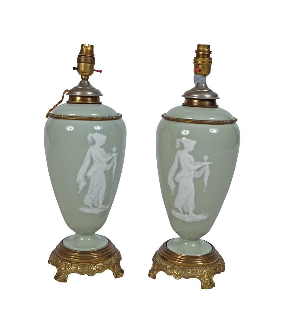 PAIR OF CELADON AND ORMOLU VASE STEMMED TABLE LAMPS: with pate sur pate decoration Dimensions: