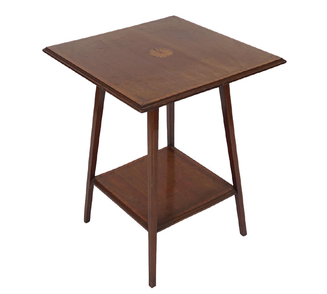EDWARDIAN MAHOGANY AND INLAID OCCASIONAL TABLE: The rectangular cross banded top, above a conforming frieze, raised on out swept square tapered legs joined by an under shelf Dimensions: