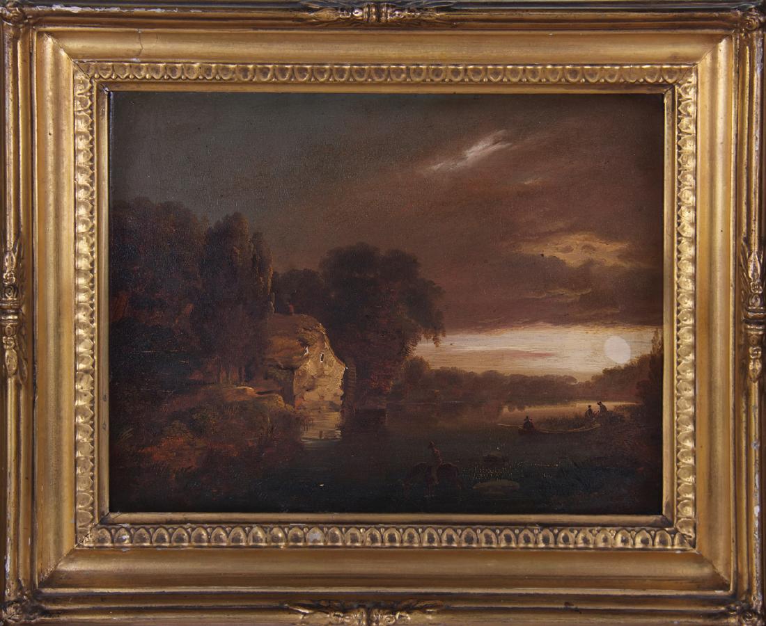 WILLIAM SADLER II (IRISH, C.1782-1839): WILLIAM SADLER II (IRISH, C.1782-1839) A mill by a lake with a boat and horseman, Oil on panel Enclosed in a contemporary gilt frame Provenance: The private collection of Michael Scott (Irish, 1905-89