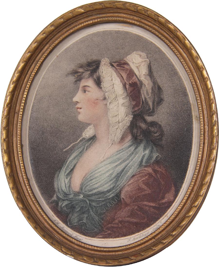 AFTER FRANCESCO BARTOLOZZI (ITALIAN, 1727-1815) AND: AFTER FRANCESCO BARTOLOZZI (ITALIAN, 1727-1815) AND AFTER JOHN HODGES BENNELL (ENGLISH, 1764-85) A St, Giles's beauty, A portrait of Elizabeth Burrough, half-length in profile, wearing white lace cap