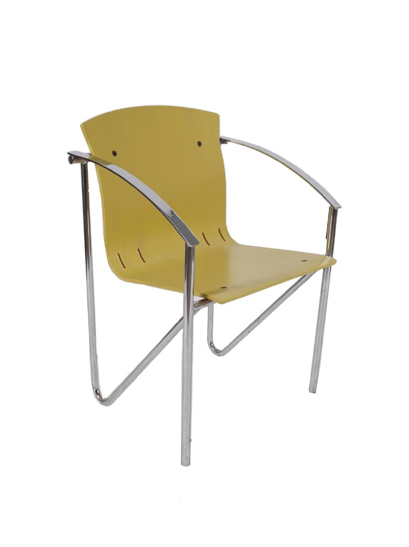 SET OF FOUR DESIGNER POLISHED STEEL AND WOOD ARMCHAIRS: SET OF FOUR DESIGNER POLISHED STEEL AND WOOD ARMCHAIRS by David Rowland, circa 1960