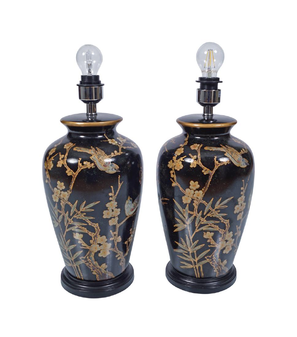PAIR OF POLYCHROME PORCELAIN VASE STEMMED TABLE LAMPS (1 of 1)