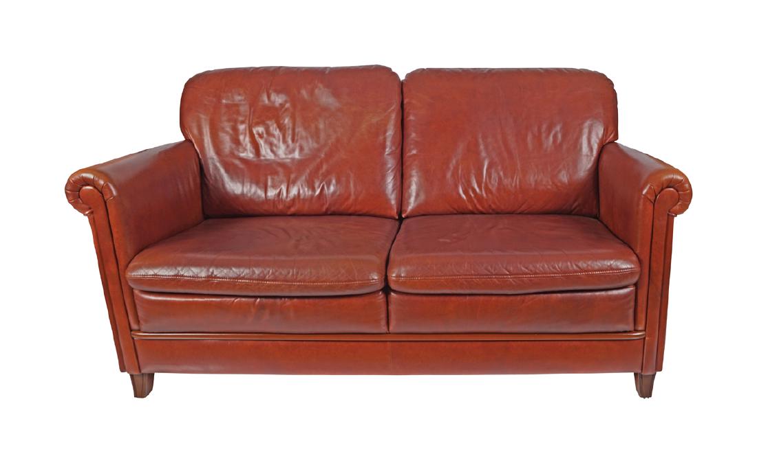 PAIR OF HIDE UPHOLSTERED CLUB SETTEES: PAIR OF HIDE UPHOLSTERED CLUB SETTEES each of two seats 82 cm. high; 173 cm. long
