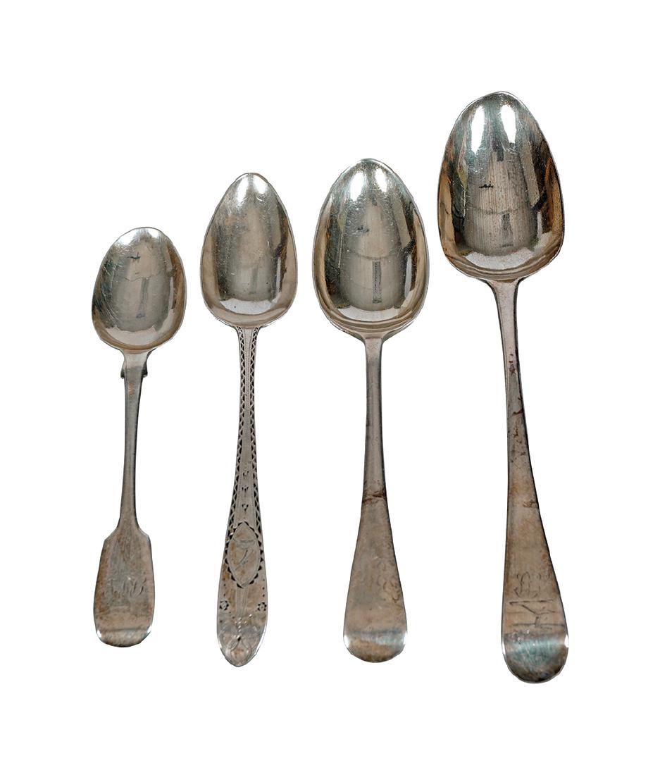 ASSORTED SILVER SPOONS: Comprising: an Old English tablespoon, London 1783,. and an Old English pattern table spoon, Sheffield 1914, Makers mark; Cooper Brothers & Sons Ltd, dessert spoon with bright cut point pattern, maker