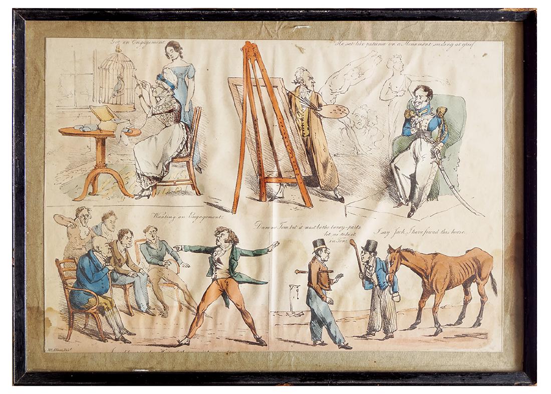 AFTER HENRY THOMAS ALKEN, 1785-1851: Collage of eighteenth-century caricature scenes Dimensions: 23 x 34 cm.