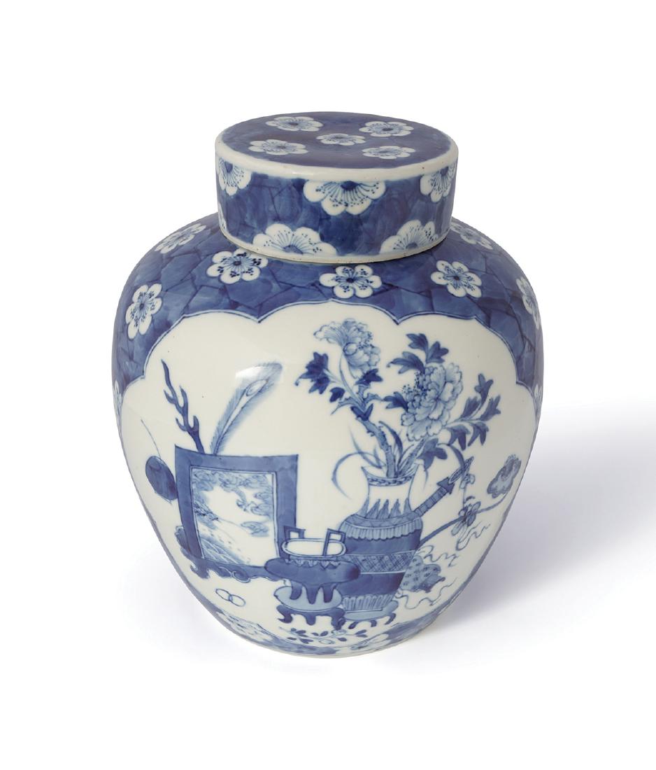 CHINESE QING PERIOD BLUE AND WHITE GINGER JAR: of bulbous form, with lid, 6-character mark to base 27 cm. high; 21 cm. diameter