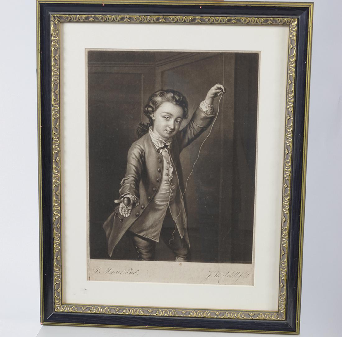 JAMES MCARDELL, AFTER P. MERCIER: Mezzotint engraving. "Philip Mercier" three quarter length, young boy standing, hand extended, holding a spinning top. in Hogarth frame 33 x 23 cm.