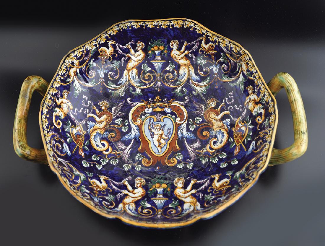 19TH-CENTURY GIEN POLYCHROME POTTERY CHARGER: with armorial and Grecian figural decoration 26 cm wide