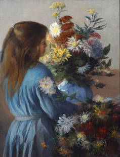 JULIETTE WYTSMAN (1866-1925): Girl with a vase of flowers,Oil on canvas 74 x 58 cm.