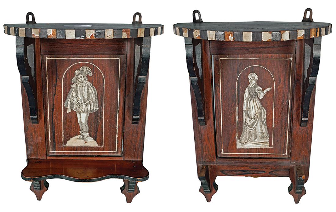 PAIR 19TH-CENTURY ITALIAN INLAID WALL BRACKETS: of two tiers 40 cm. high; 30 cm. wide