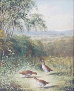 TOM HOLD: Grouse in landscape, Oil on canvas, Enclosed in a gilt frame 29 x 24 cm.