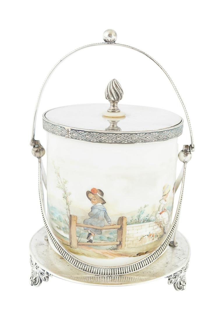 VICTORIAN ENAMEL GLASS BISCUIT BARREL: depicting children snail racing, possibly by Thomas Webb 20 cm. high