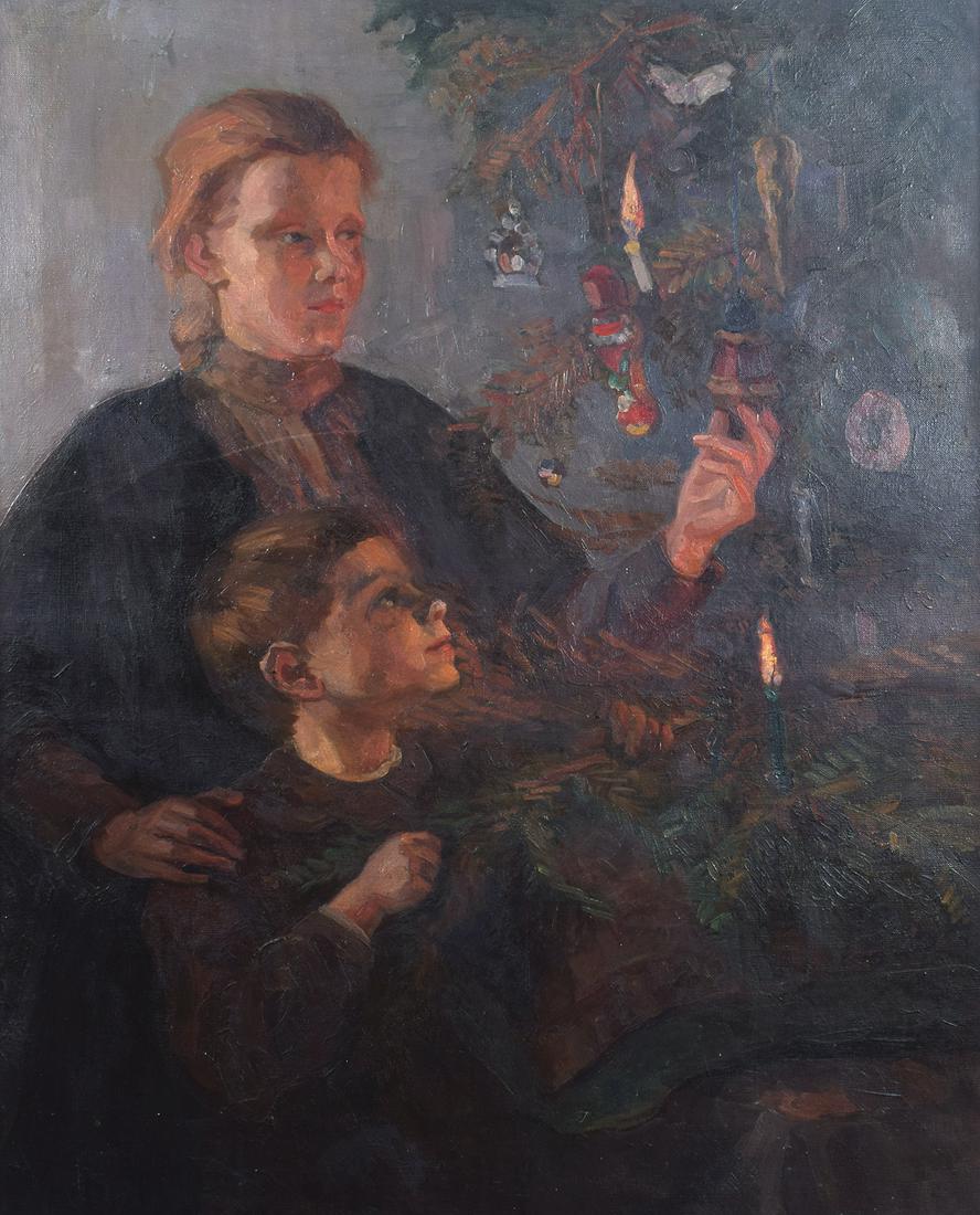 CONTINENTAL SCHOOL, EARLY 20TH-CENTURY: Children dressing a Christmas tree. Oil on canvas. Indistinctly signed lower-left 97.5 x 77.5 cm