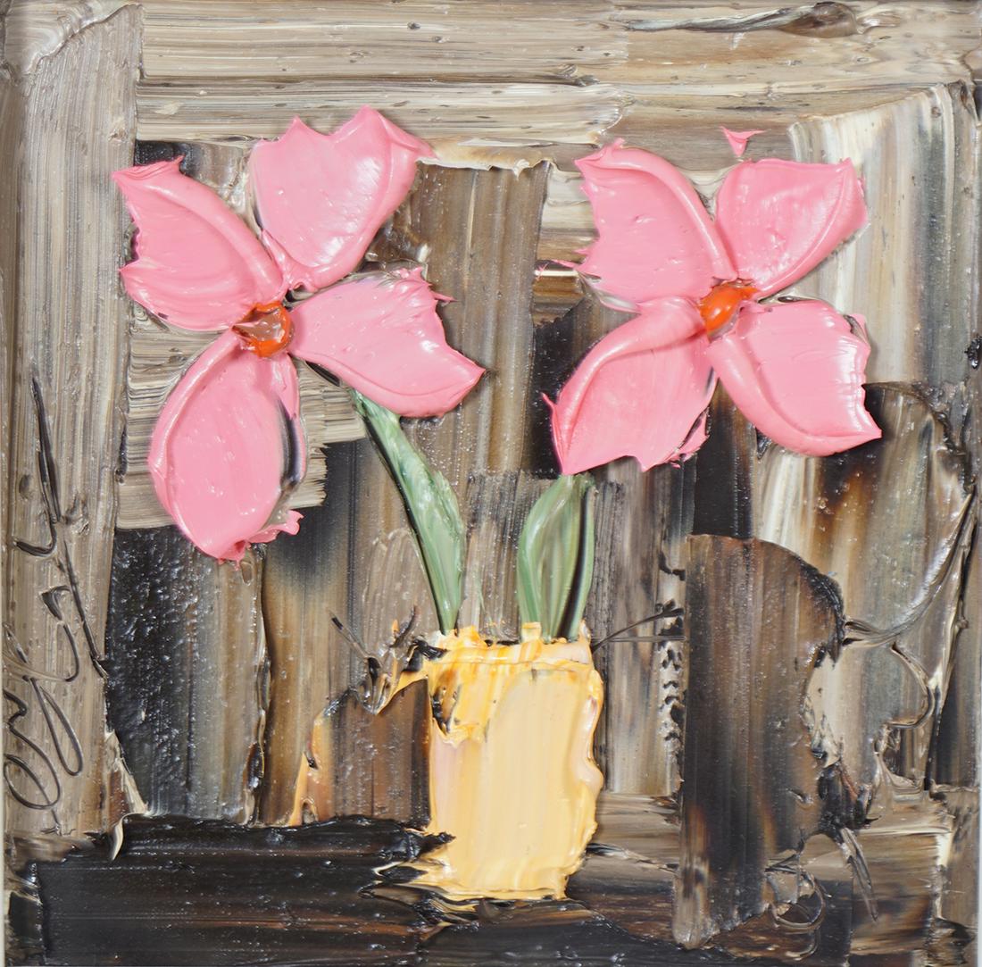 COLIN FLACK: Still life of flowers, Signed acrylic on board, Provenance: From the artist's studio, Northern Ireland 16 x 16 cm.