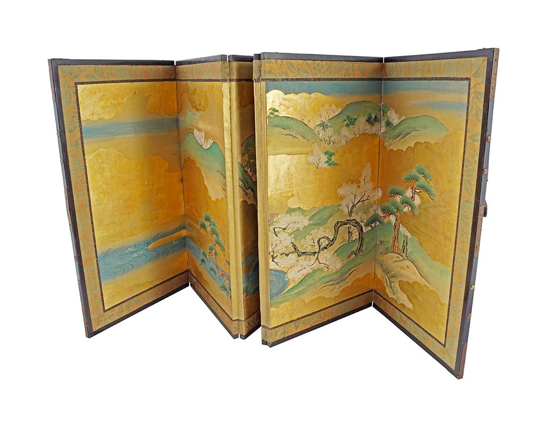 TWO JAPANESE PAINTED LACQUER TABLE SCREENS (1 of 3)