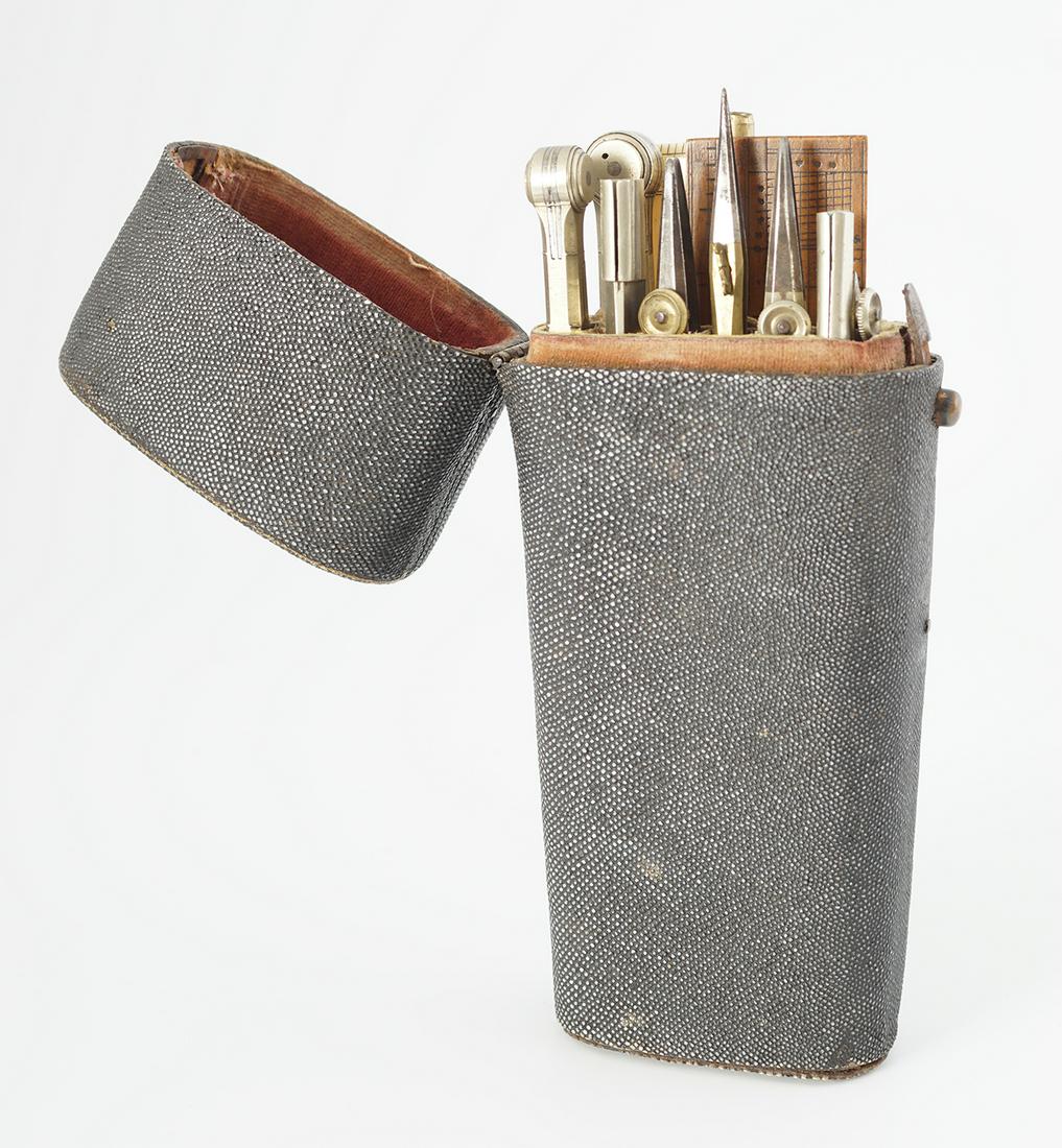 CASED MATHEMATICAL INSTRUMENT SET: in shagreen case, 19th-century, incomplete 17 cm.