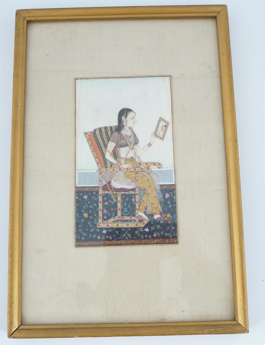 MUGHAL SCHOOL: Woman mirror gazing on ivory 14 x 8 cm.