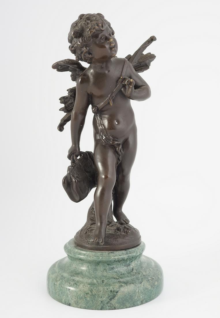 AFTER AUGUSTE MOREAU: Bronze sculpture of a cherub mounted on a marble base 27 cm. high