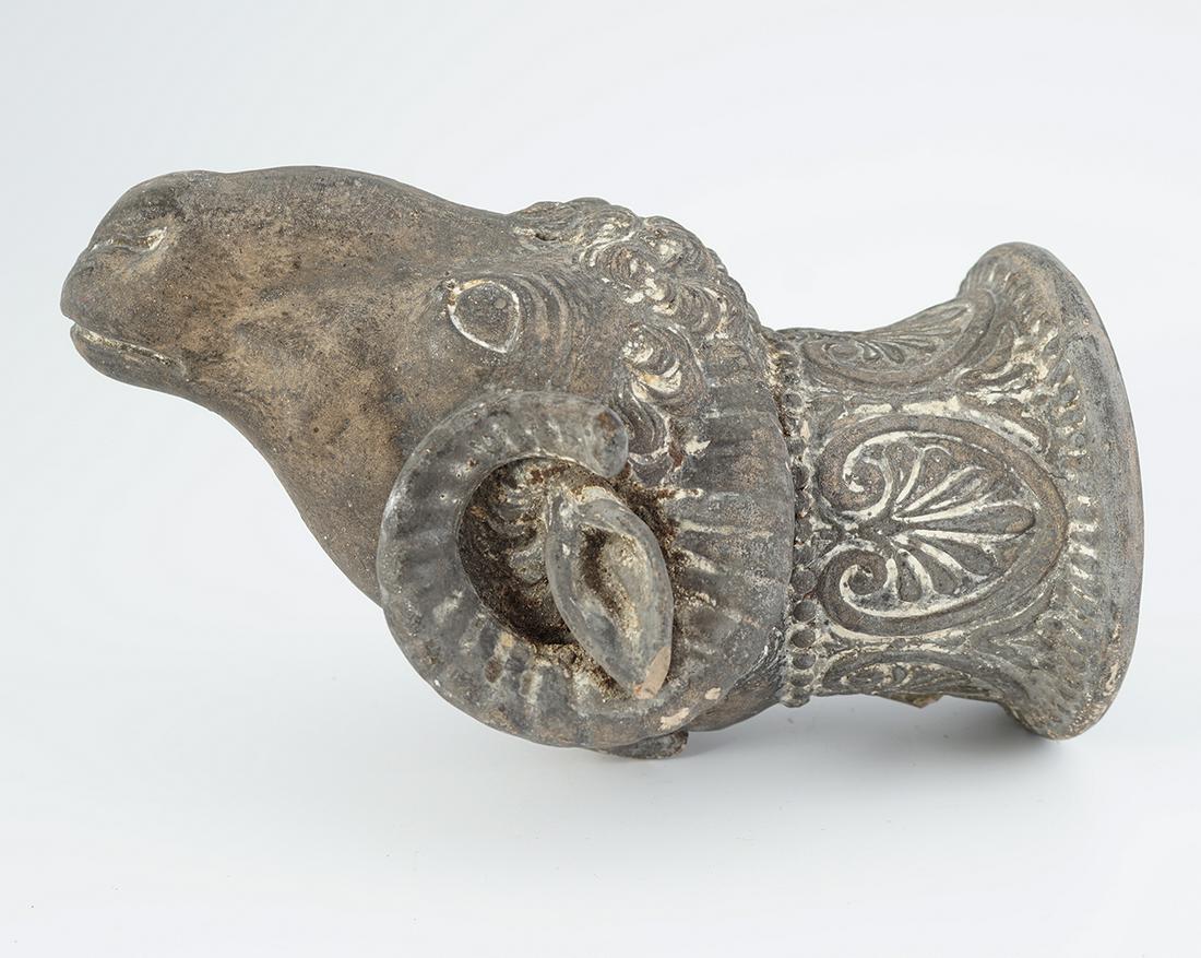GREEK TERRACOTTA RAMS HEAD LIBATION CUP: 18 cm. high