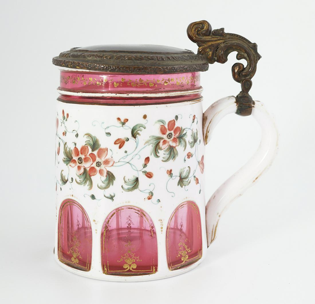 BOHEMIAN PAINTED CRYSTAL & ORMOLU TANKARD: with floral and parcel gilt decoration, 19th-century 13 cm. high