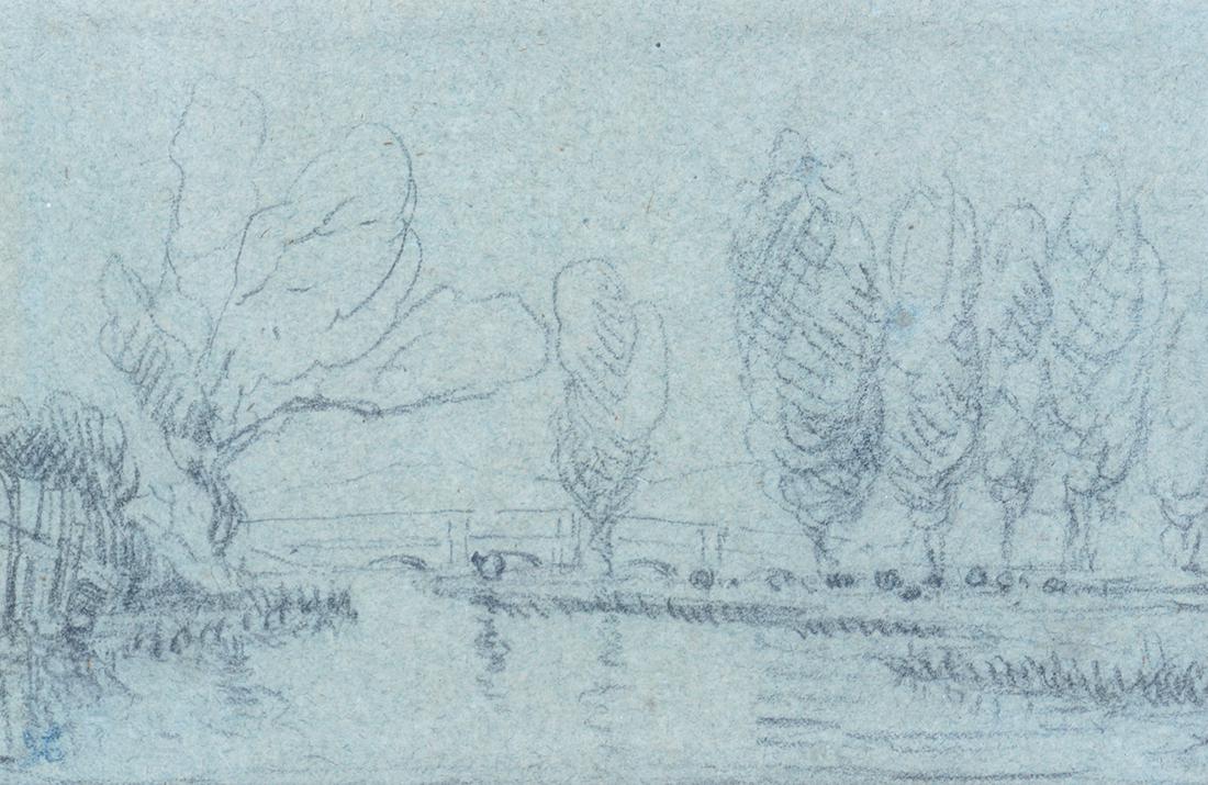 ATTRIBUTED TO JOHN CONSTABLE R.A. (1776 - 1837): River scene with poplars and a bridge Pencil and charcoal on grey paper Inscribed on reverse ‘W. Scott’ 9 x 13 cm.