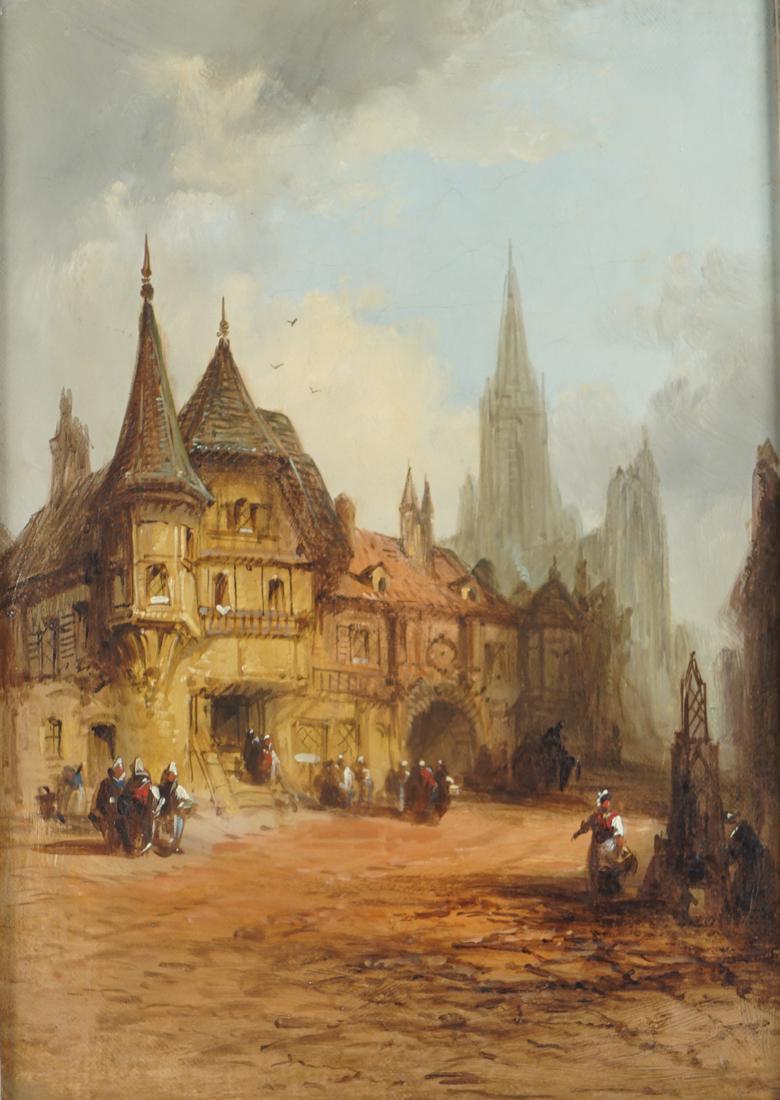 HENRY THOMAS SCHAEFER (1815-1873): Continental street scene. Each an Oil on canvas. Enclosed in a gilt frame. 34 x 24 cm.