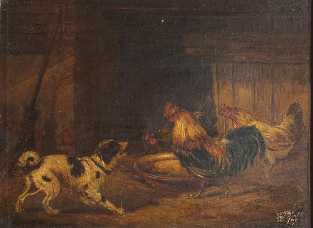 IN THE MANNER OF EDGAR HUNT: Farmyard scene, Oil on canvas, framed 20 x 29 cm.