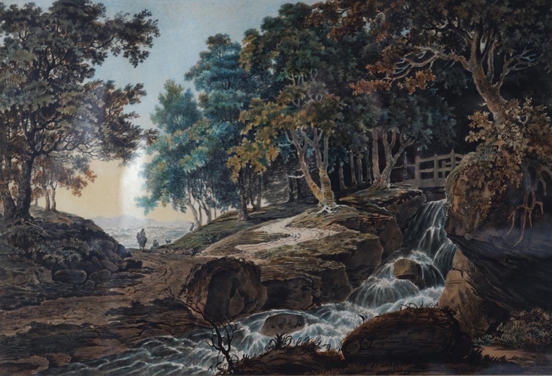 ATTRIBUTED TO JOHN HENRY CAMPBELL: Figure on horse back on a roadway, a figure seated and two goats in a landscape, watercolour, framed 24 x 36 cm.