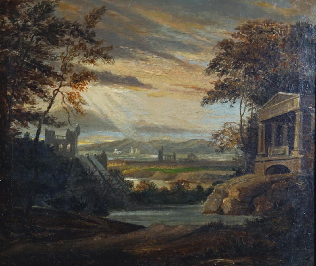 EARLY 19TH-CENTURY ENGLISH ROMANTIC SCHOOL: Idyllic Italianate landscape, Oil on canvas, Enclosed in a gilt frame 30 x 36 cm.