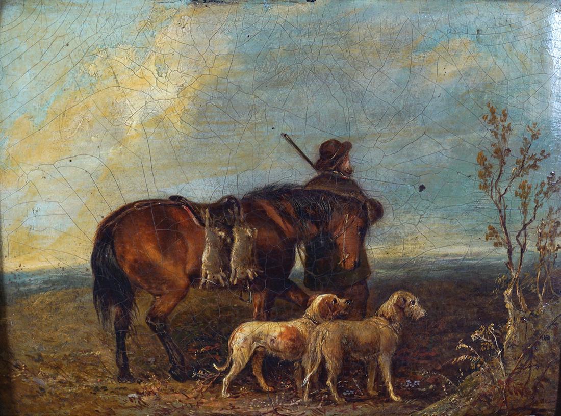 DUTCH ROMANTIC SCHOOL: Hunter and dogs in a landscape, Oil on canvas, Enclosed in a gilt frame 22 x 29 cm.