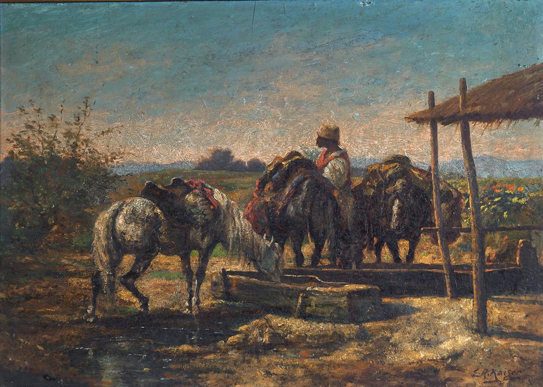 E. R. KAISER: Watering the horses, Oil on board. Signed bottom right, Enclosed in a gilt frame 30 x 42 cm.