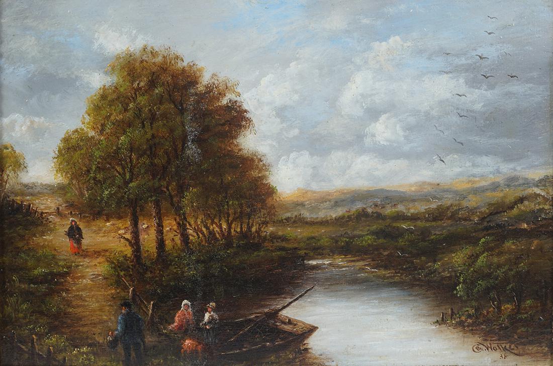 C.W. WALKER: The Ferry, 1938 Oil on canvas Enclosed in a gilt frame 25 x 37 cm.