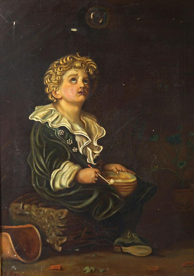 G. EYRE: Boy blowing bubbles, Oil on canvas, Signed bottom left, Enclosed by a gilt frame 75 x 55 cm.