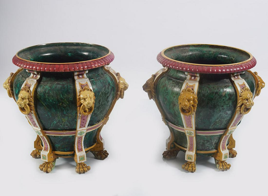 PAIR OF LARGE NINETEENTH-CENTURY MINTON MAJOLICA: Pair of large nineteenth-Century Minton majolica jardinieres Each 46 cm. high; 45 cm. diameter