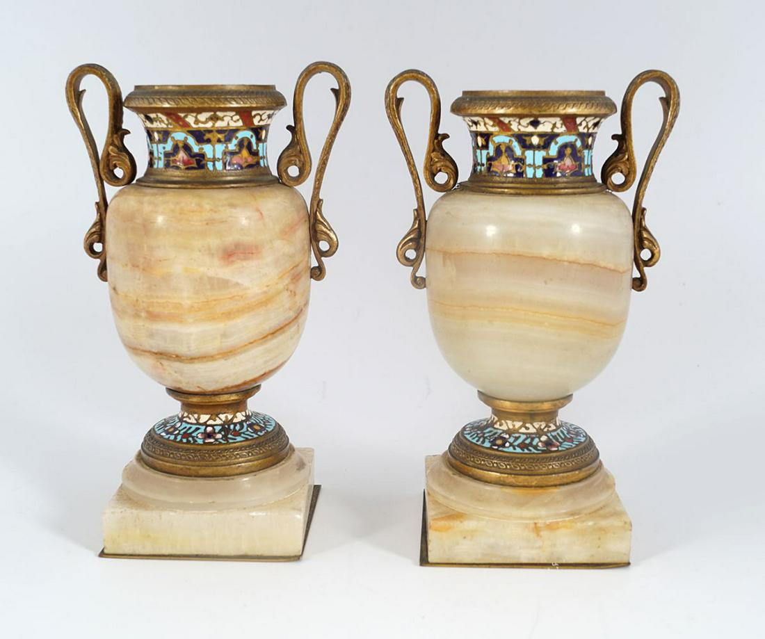 PAIR OF CHAMPLEVE ENAMELLED AND ALABASTER URNS: 19th-century, each of baluster form 16 cm. high
